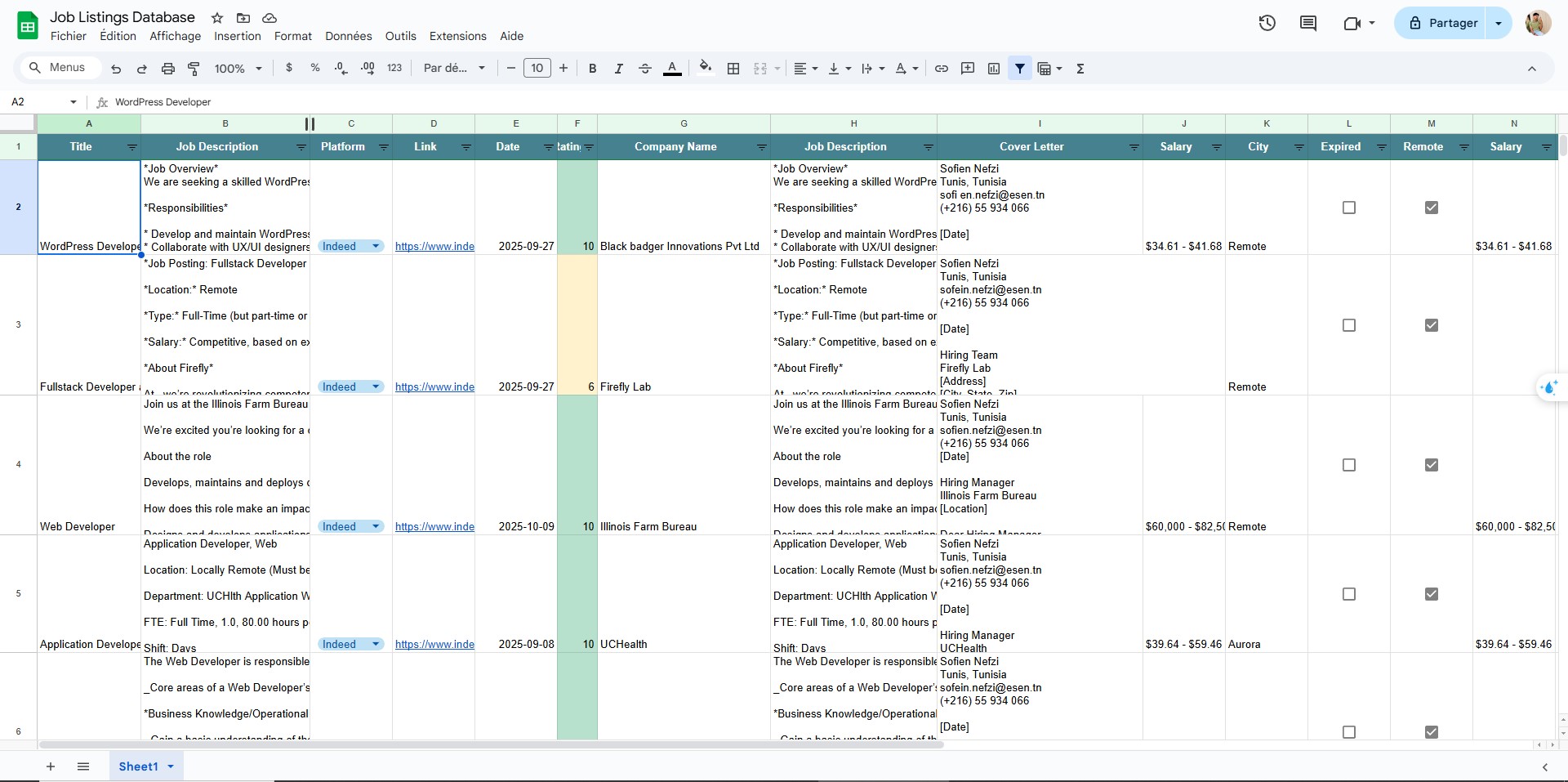 Google Sheets database with titles, links, salaries, and letters