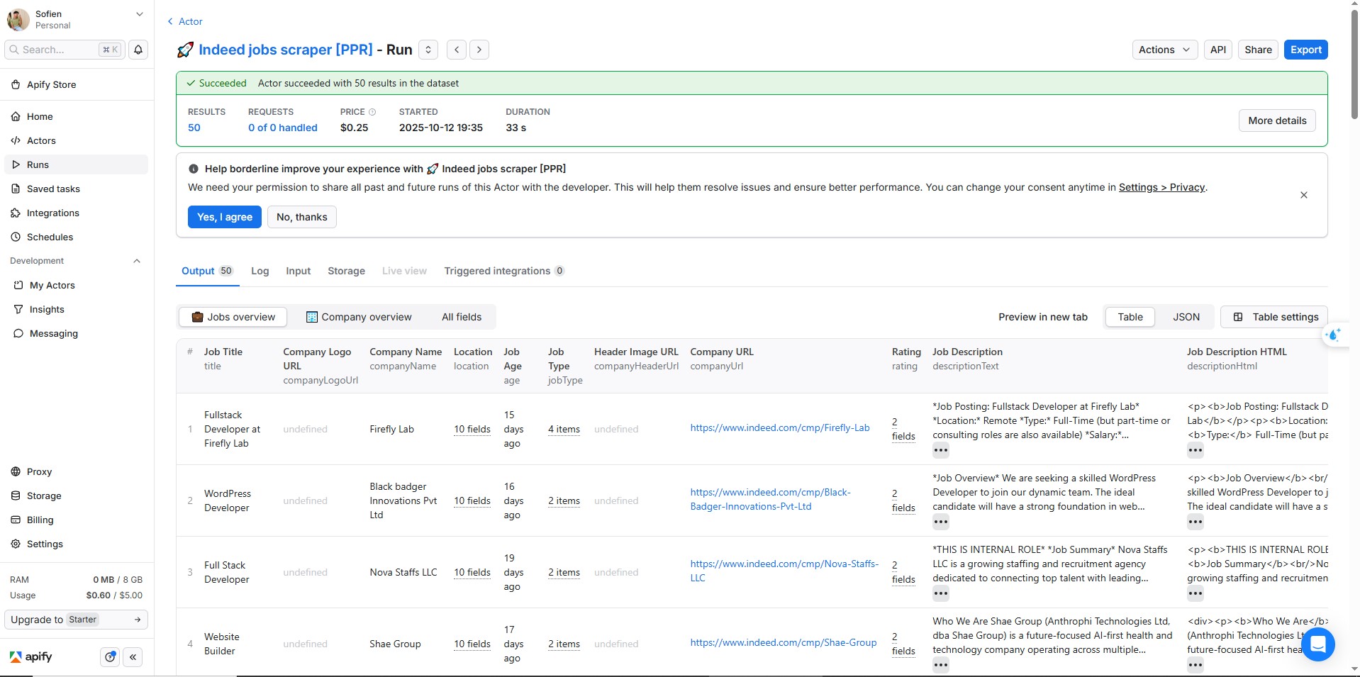 Apify run output with parsed job postings