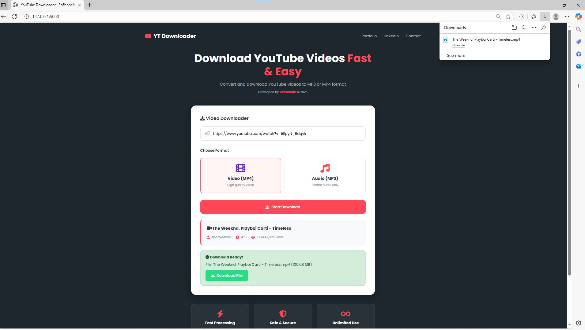Download options for video and audio formats
